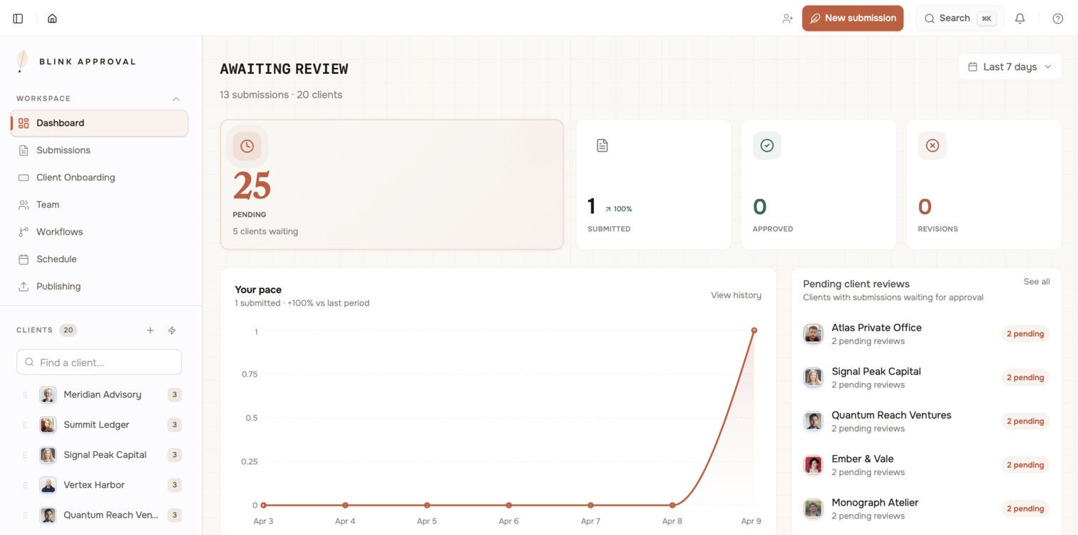 Blink Approval dashboard preview showing approval metrics, submission history, and pending client reviews